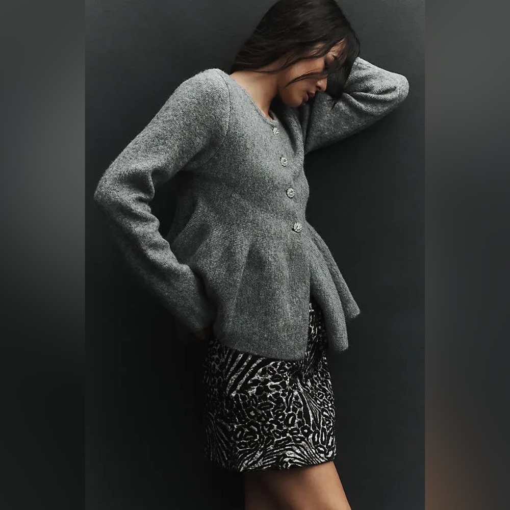 Anthropologie Maeve Gray peplum Knit Cardigan with Crystal flower Buttons